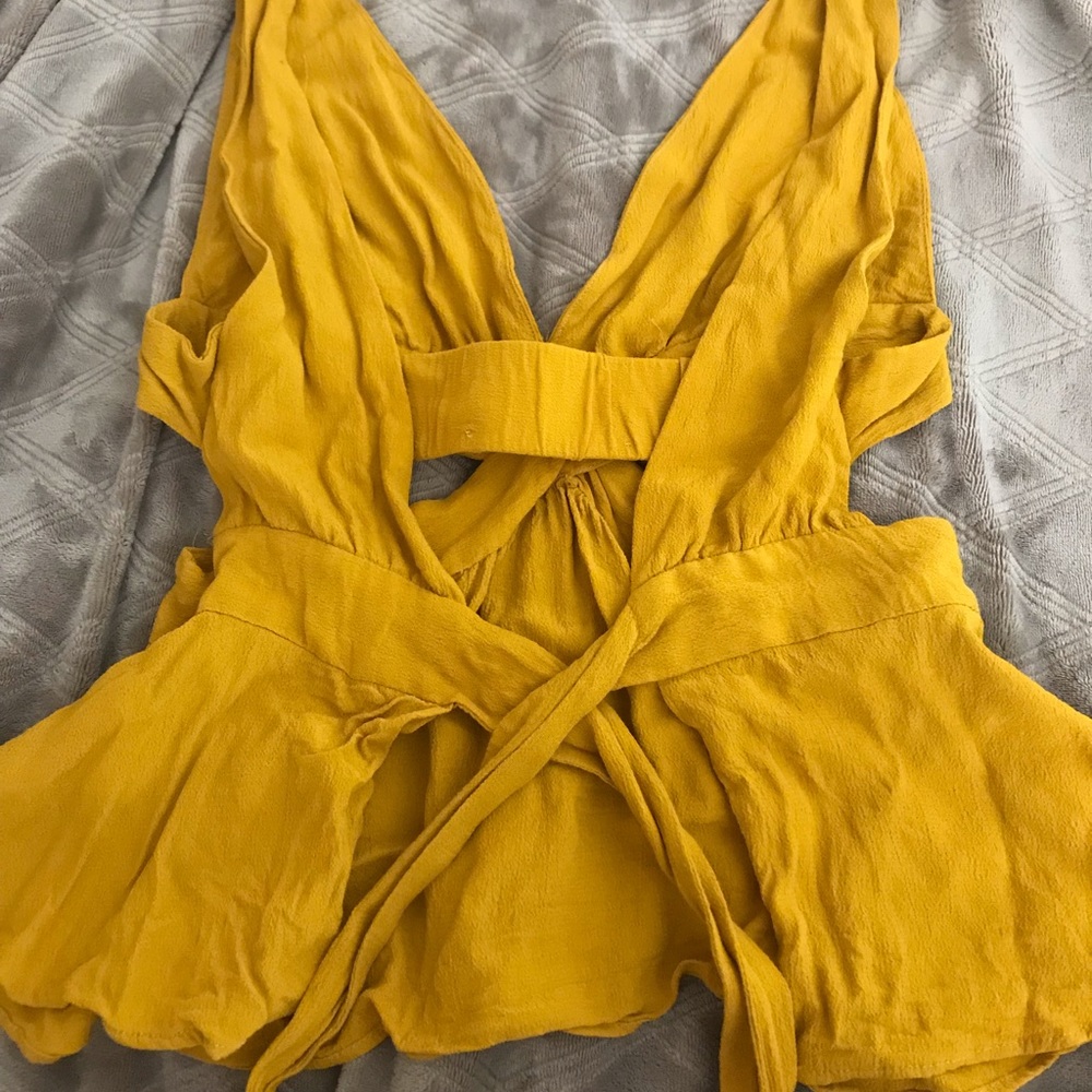 Zara Mustard Yellow Cutout Tie Back Blouse